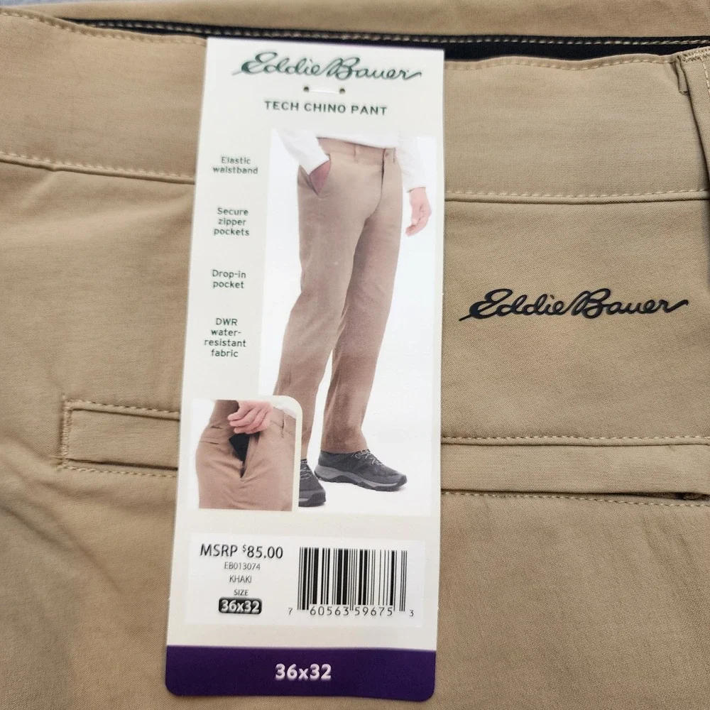 Eddie Bauer Mens Tech Chino Pant Khaki Water Resistant 36x32 NWT